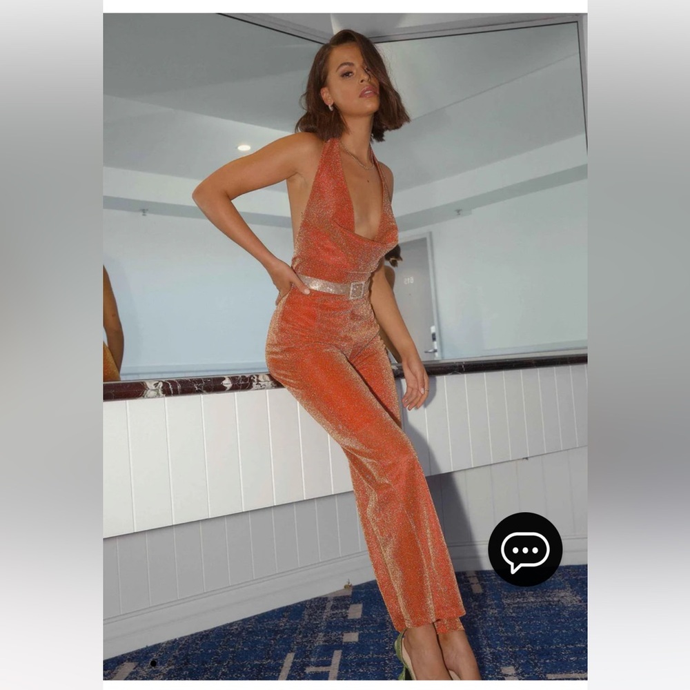 Peppermayo - Villa Vera Jumpsuit - Tangerine - sparkles cowl neck, backless